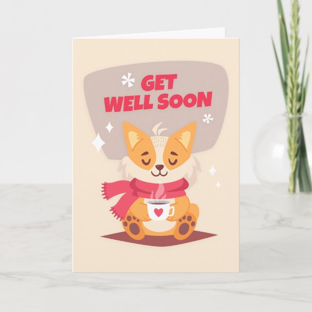 Get Well Soon Cartoon Fox with Coffee Greeting Card (Front)
