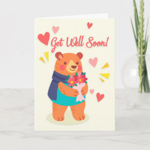 Get Well Soon Cute Bear with Flower Greeting Card