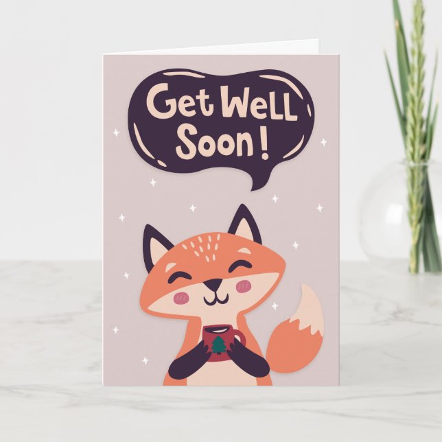 Get Well Soon Cute Fox with Coffee Greeting Card (Front)