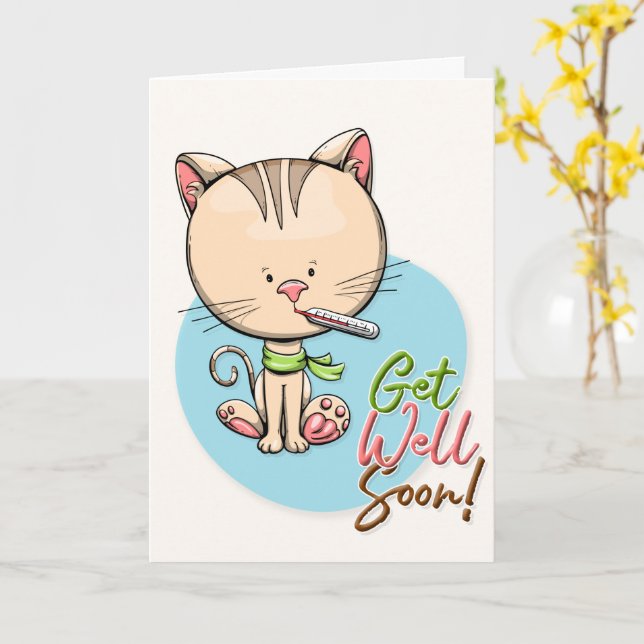 Get Well Soon Cute Kitty Greeting Card (Yellow Flower)