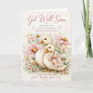 Get Well Soon Duckling Floral Watercolor  Card