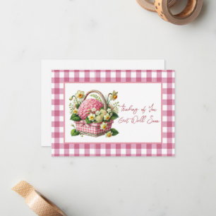 Get Well Soon Flower Basket Pink Gingham Card