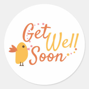 Get Well Soon Greeting with Cute Bird and Flowers Classic Round Sticker