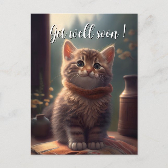 Get Well Soon Kitten With Scarf  Postcard (Front)