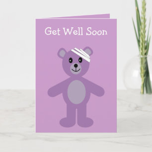 Get Well Soon lilac cartoon teddy bear card