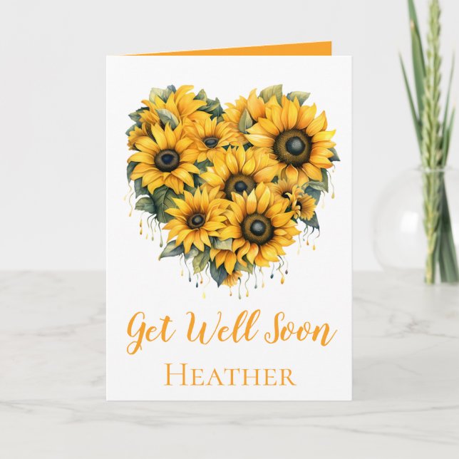 Get Well Soon Lovely Sunflower Heart Bouquet  Card (Front)