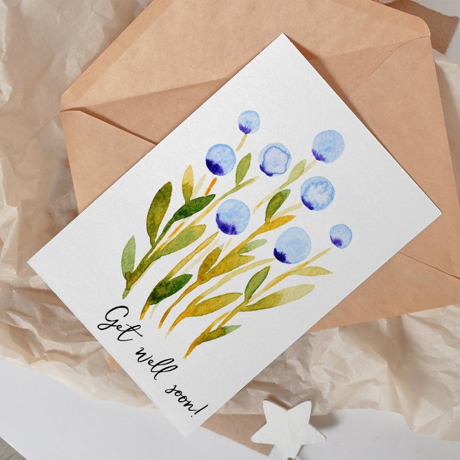 Get well soon minimal blue watercolor flowers card (Creator Uploaded)