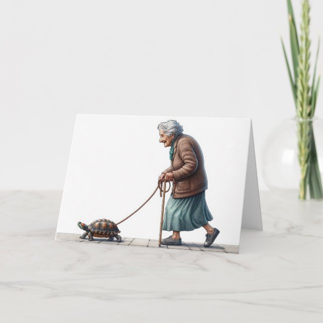 Get Well Soon Old Lady Walking a Turtle Card (Front)