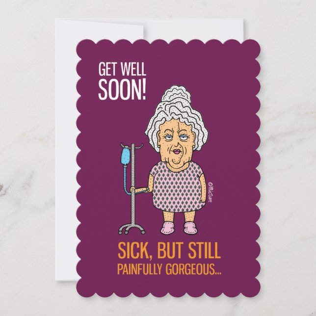 Get well soon - old woman with hospital gown card (Front)