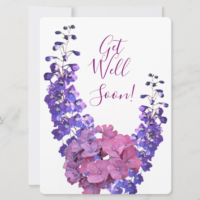 Get well soon pretty purple floral beautiful fun holiday card (Front)