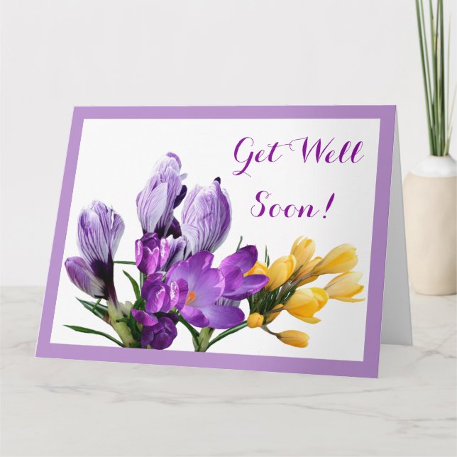 Get well soon pretty purple yellow crocus floral card (Front)
