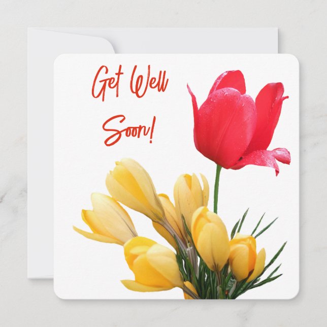 Get well soon pretty yellow crocus red tulip fun holiday card (Front)