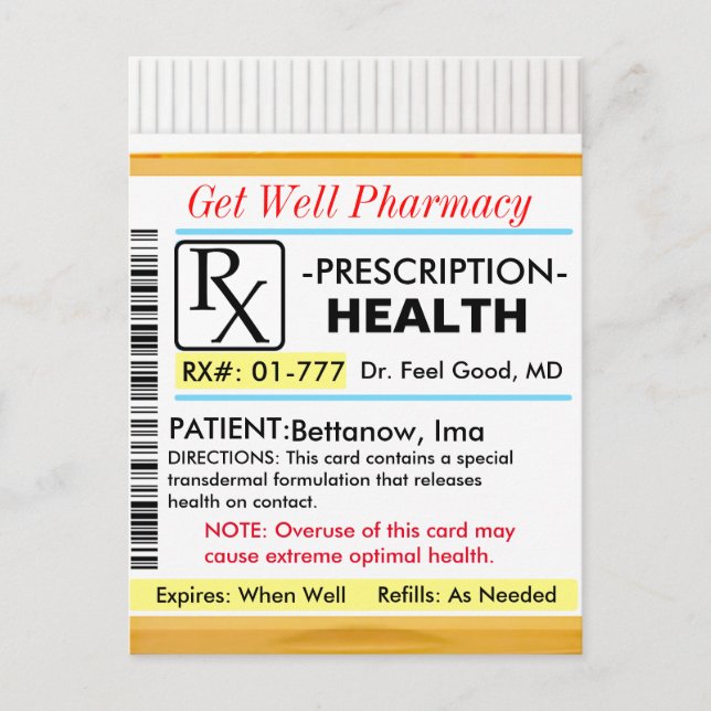 Get Well Soon RX for Health Postcard (Front)
