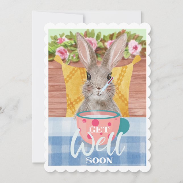 Get Well Soon Sick Rabbit Steam Tea Cup Card (Front)