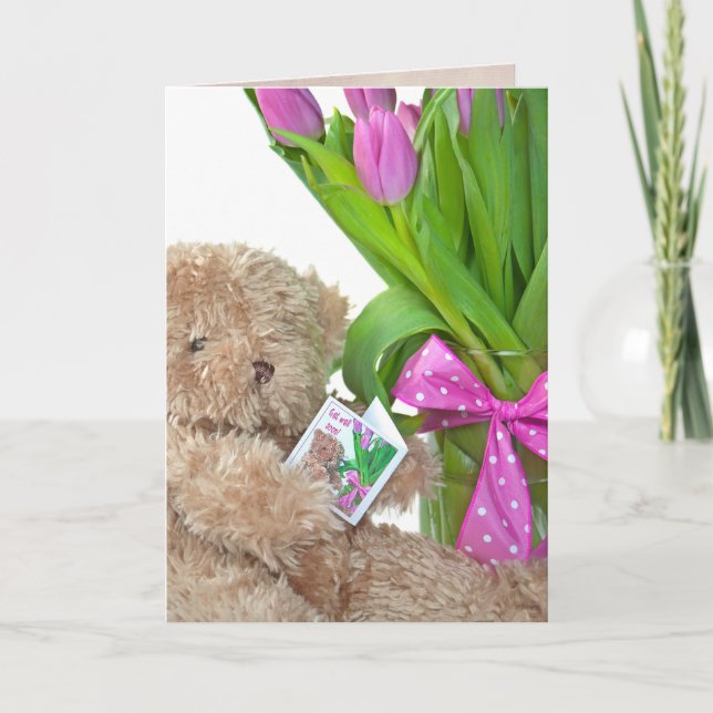 get well soon teddy bear and tulips card (Front)