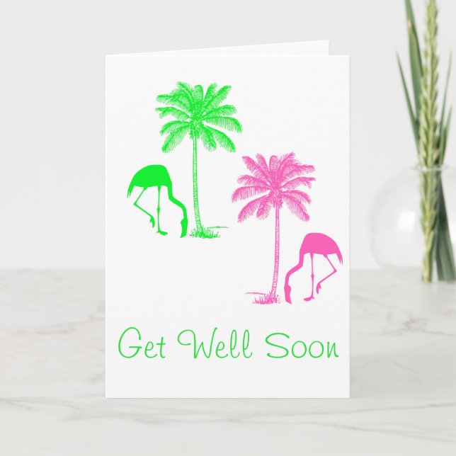 Get Well Soon Tropical Palm Trees Flamingos Card (Front)