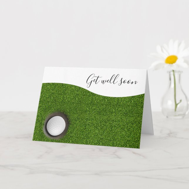 Get well soon with two golf balls and tee on green card (Small Plant)