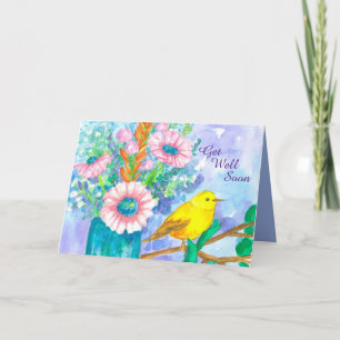 Get Well Soon Yellow Bird Flower Bouquet Card