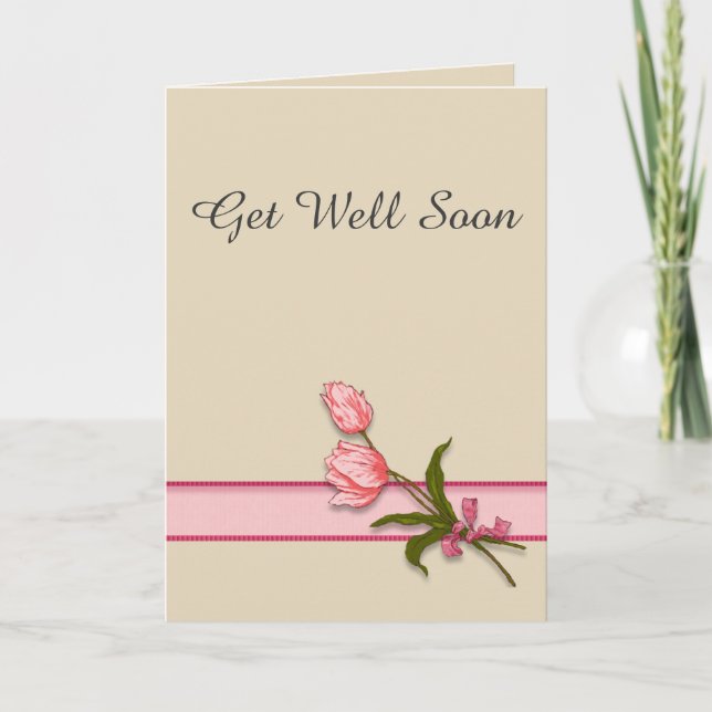 Get Well Wishes with Pink Tulips and Ribbon Card (Front)