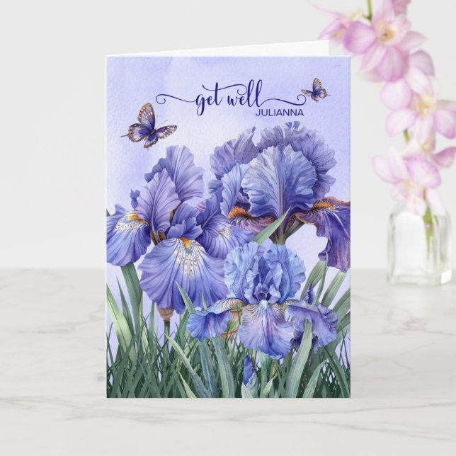 Get Well with a Purple Iris Garden and Butterflies Card (Orchid)