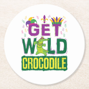 Get Wild Crocodile Mardi Gras Alligator Round Paper Coaster