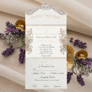 Gettin' Hitched Ribbon & Lace - Cream All In One Invitation