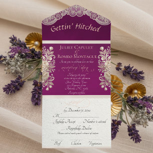 Gettin' Hitched Ribbon & Lace - Plum All In One Invitation