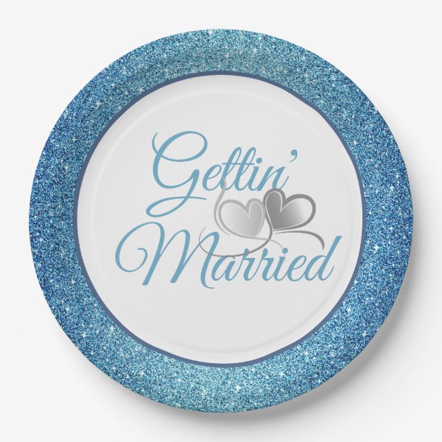 Gettin' Married Blue Glitter 9" Paper Plates (Front)