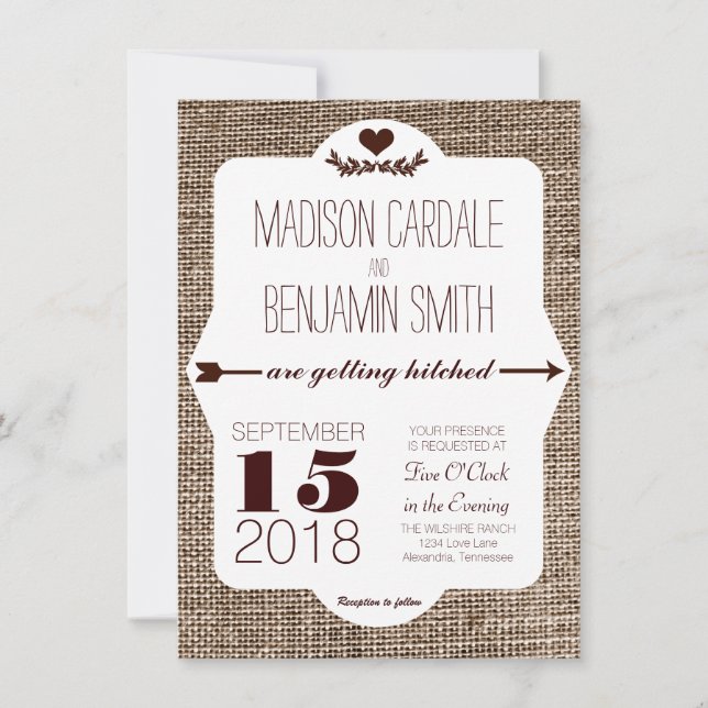 Getting Hitched Burlap Print Wedding Invitations (Front)