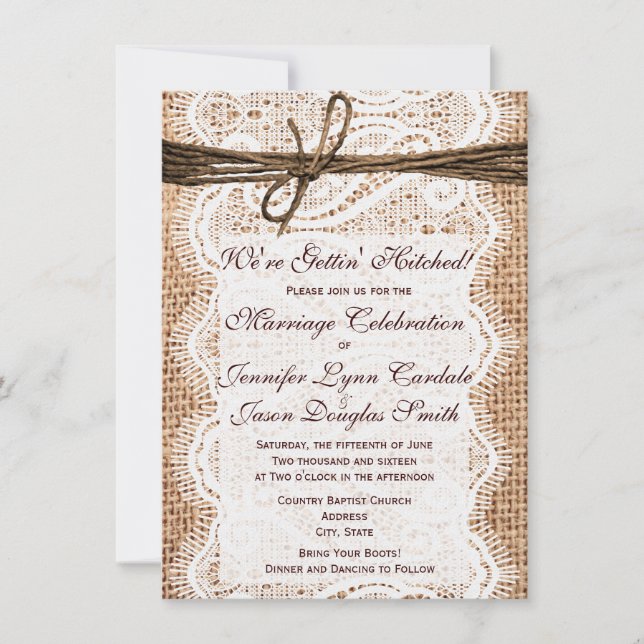 Getting Hitched Burlap Print Wedding Invitations (Front)