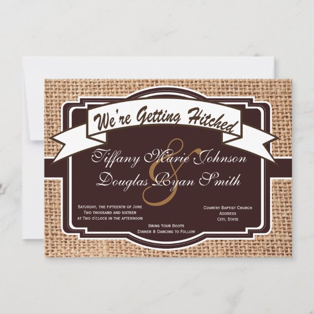 Getting Hitched Burlap Rustic Wedding Invitations (Front)