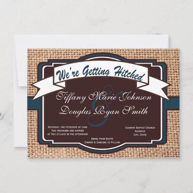 Getting Hitched Burlap Rustic Wedding Invitations (Front)