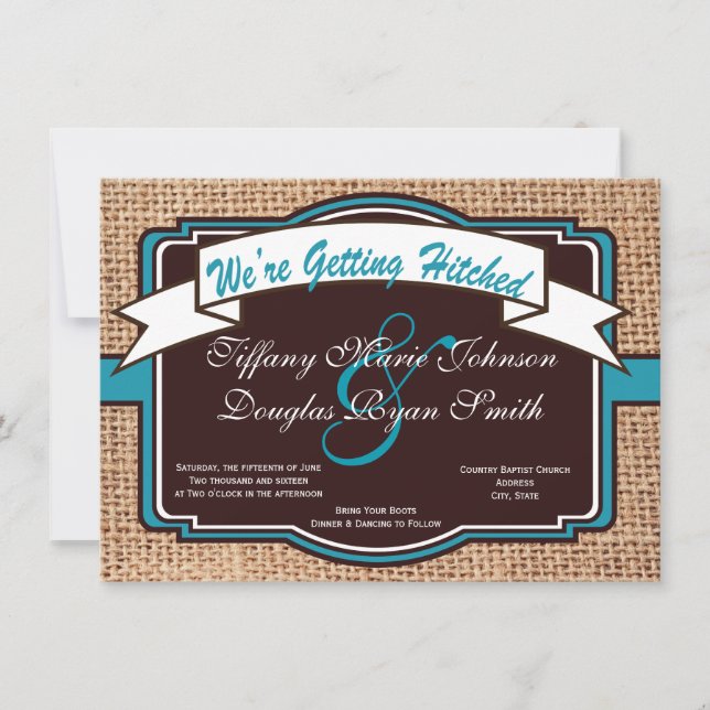 Getting Hitched Burlap Teal Wedding Invitations (Front)