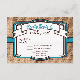 Getting Hitched Burlap Teal Wedding RSVP Cards