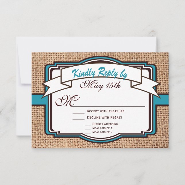Getting Hitched Burlap Teal Wedding RSVP Cards (Front)