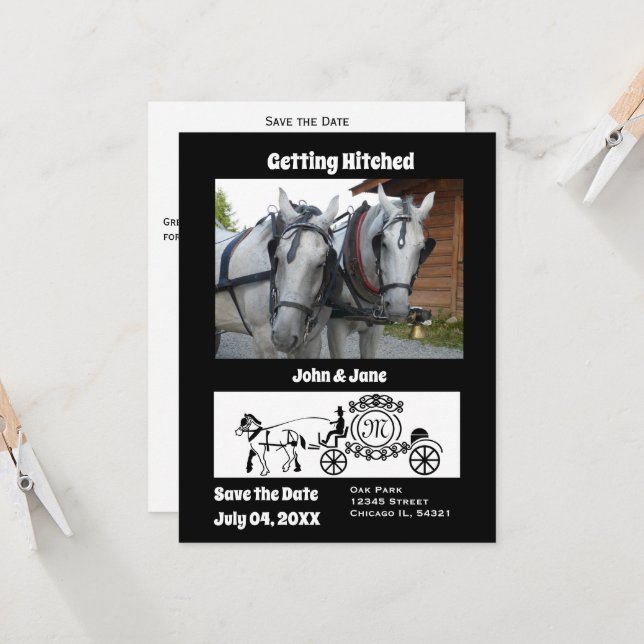 Getting Hitched Horse Wagon Photo Monogram Invitat Invitation (Front/Back In Situ)