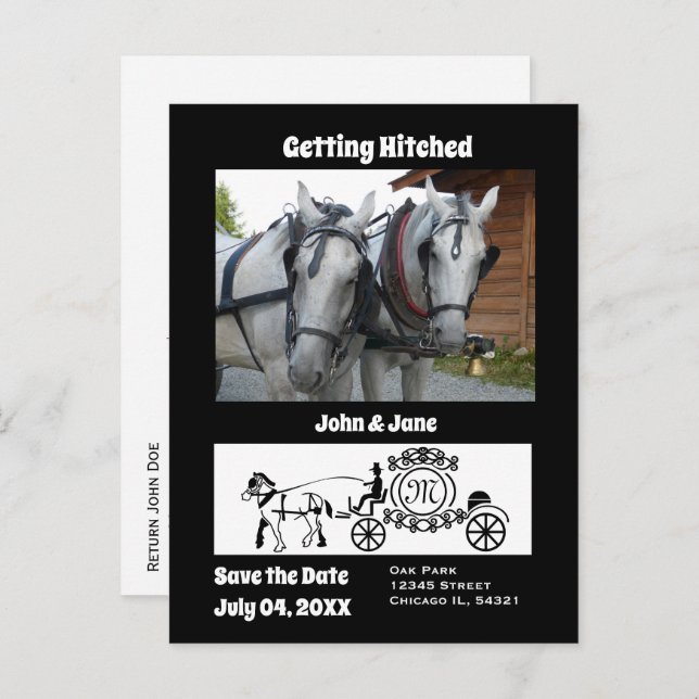 Getting Hitched Horse Wagon Photo Monogram Invitation Postcard (Front/Back)