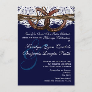 Getting Hitched Navy Horseshoe Wedding Invitations