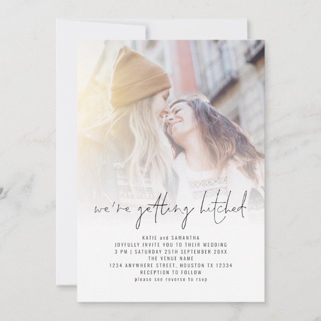 Getting Hitched QR Photo Overlay Lesbian Wedding Invitation (Front)