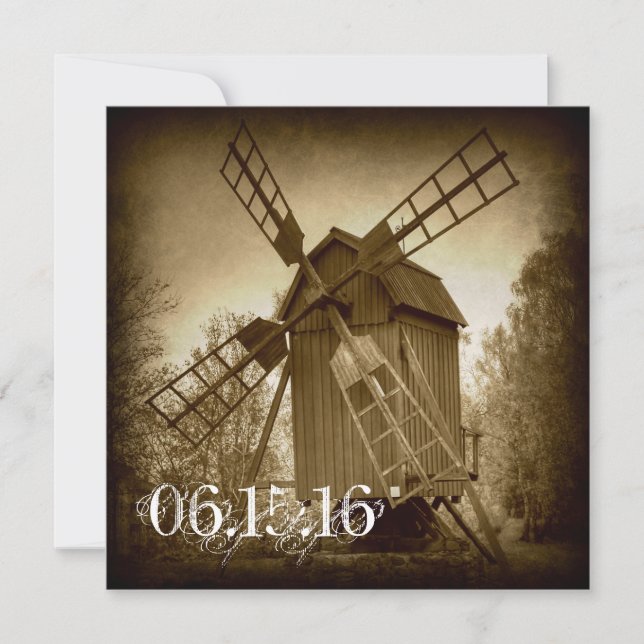 Getting Hitched Rustic Windmill Wedding Invitation (Front)