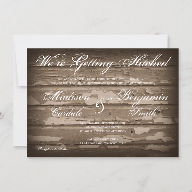 Getting Hitched Rustic Wood Wedding Invitations (Front)