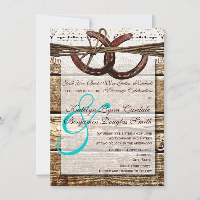 Getting Hitched Wood Horseshoes Wedding Invites (Front)
