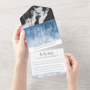 Getting married wedding photo blue grey rsvp text all in one invitation