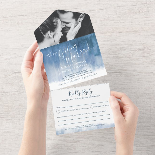 Getting married wedding photo blue grey rsvp text all in one invitation (Tearaway)