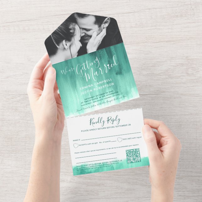 Getting married wedding photo emerald rsvp QR All In One Invitation (Tearaway)