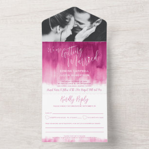 Getting married wedding photo red pink rsvp text a all in one invitation