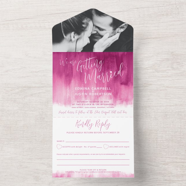 Getting married wedding photo red pink rsvp text  all in one invitation (Inside)