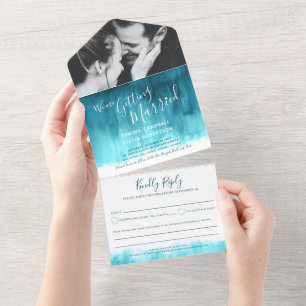 Getting married wedding photo teal aqua rsvp text all in one invitation