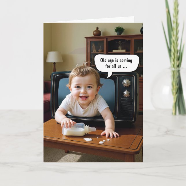 Getting Old Birthday Baby Crawling Out of TV Set Card (Front)