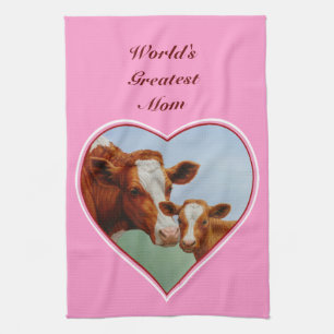 Geurnsey Cow Calf Bright Pink Hearts Kitchen Towel